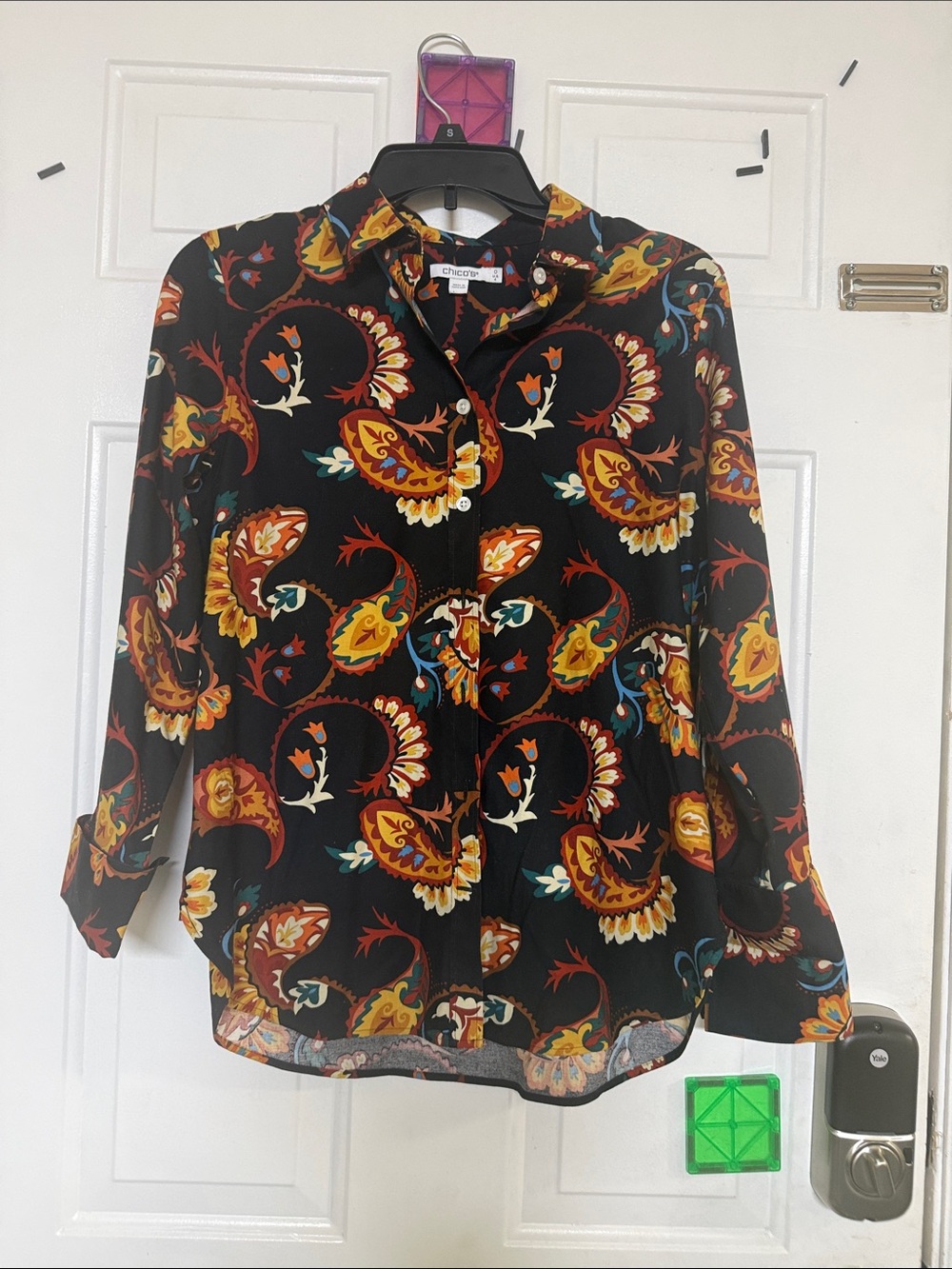 Chico's Black Paisley-Print Button Down with Mustard & Teal Accents